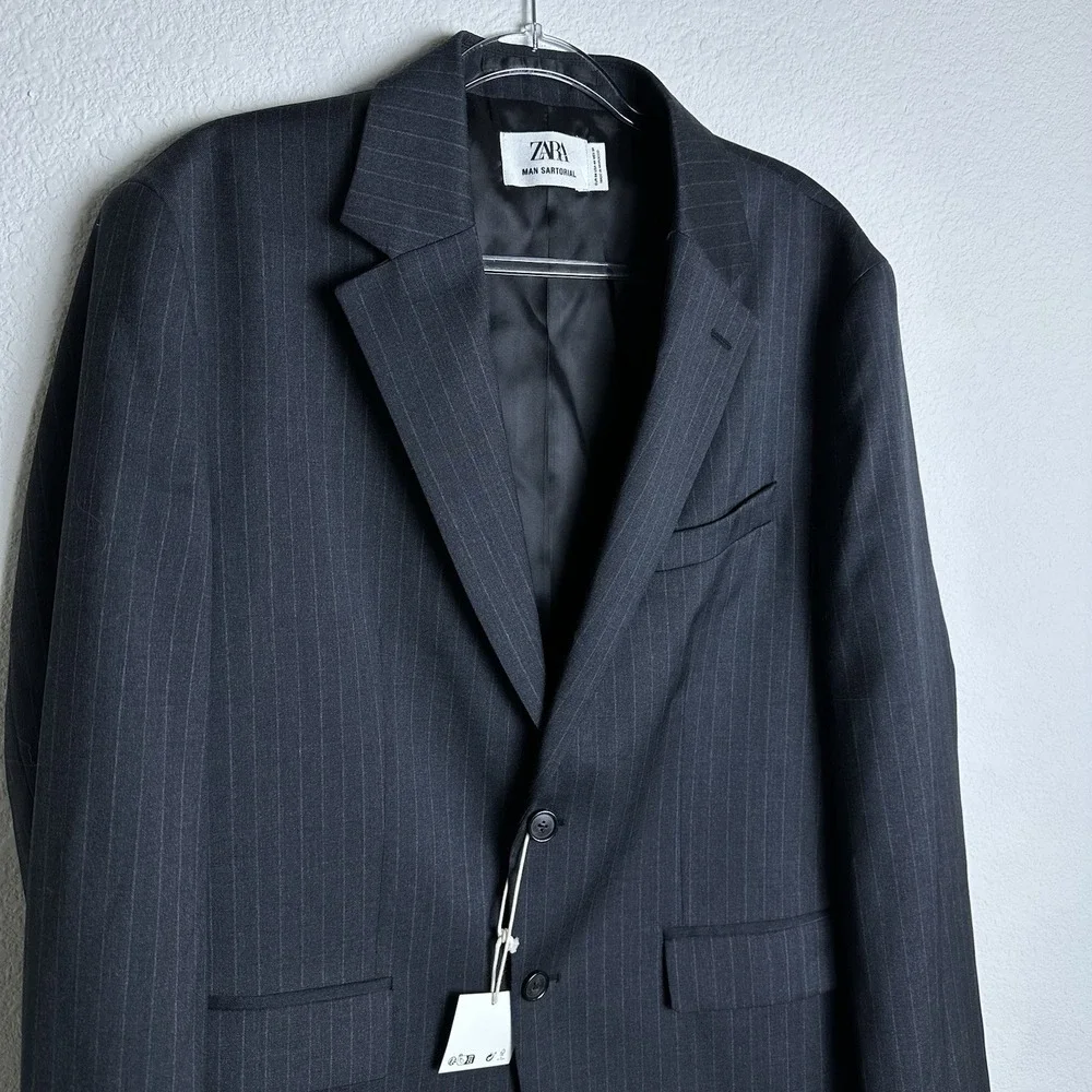 Zara Man Sartorial Blazer 44 100% Italian Wool‎ Pinstripe Charcoal Grey 5955/063